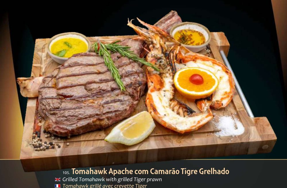 Tomahawk Apache com Camarão Tigre Grelhado